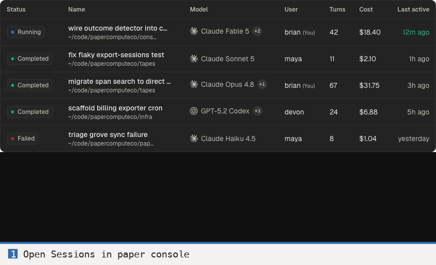 Animated walkthrough: the Sessions list in paper console, clicking a session to open its full record, then clicking the Generate Skill button, which drafts a SKILL.md and opens the editor.