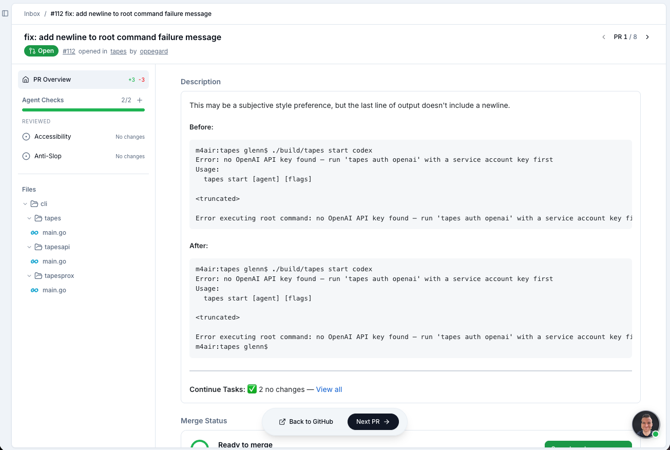 Continue inbox showing PR agent checks for Accessibility and Anti-Slop