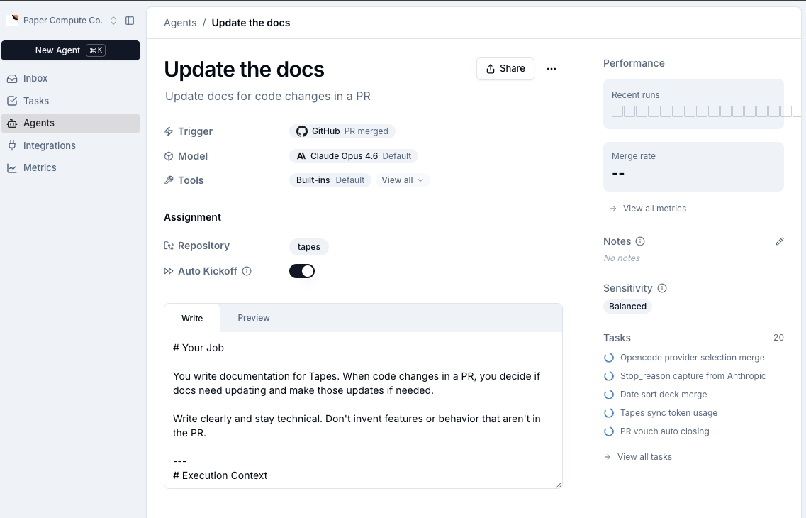 Continue agent configuration for Update the Docs